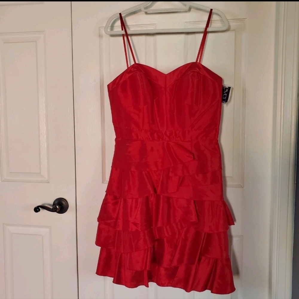 Max & Cleo Red Ruffled Layered Party Midi Dress Holidays Prom Formal Sleeveless